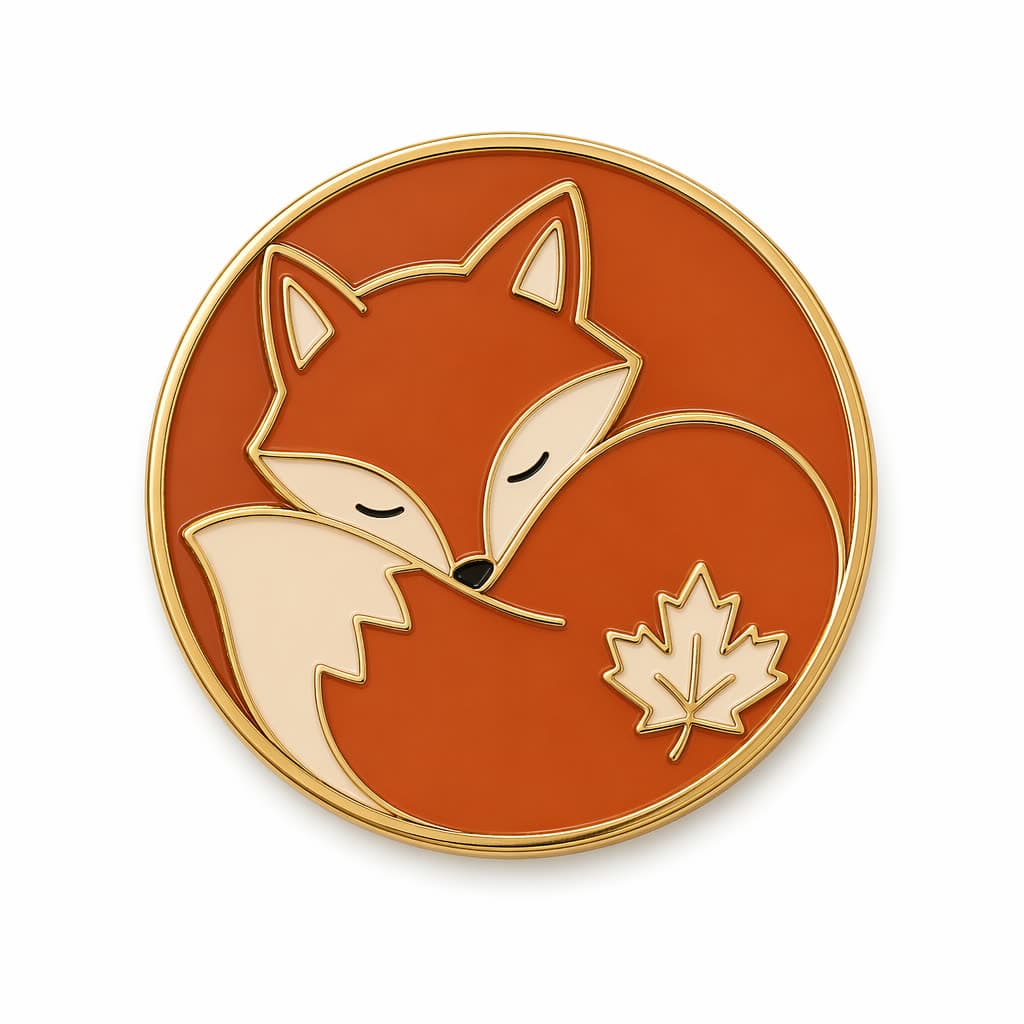 Sleepy fox enamel pin concept generated with GPT Image 2 on AI Pin Maker — crescent-curled orange fox, rust and cream fill, gold metal outline, maple-leaf accent