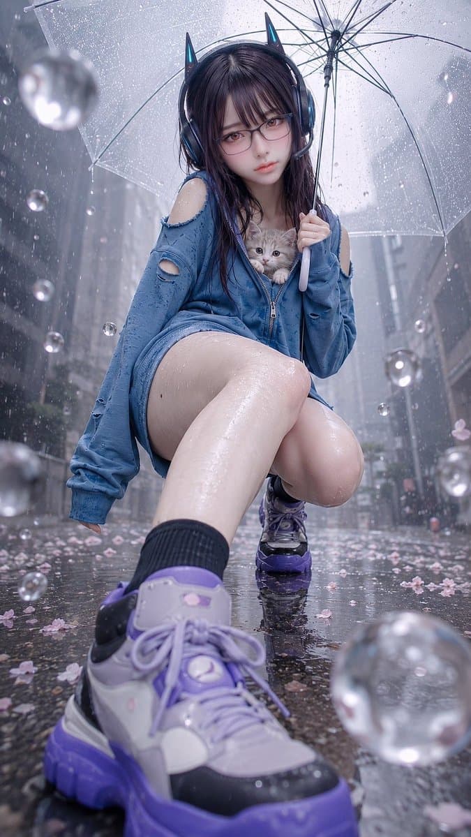 Rainy Cat-Ear Girl with Kitten