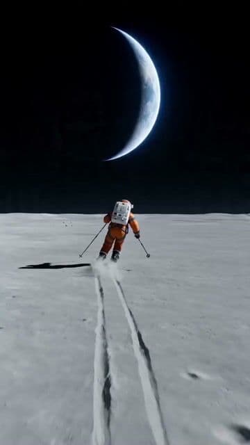 Wide shot of an astronaut skiing on a lunar plain