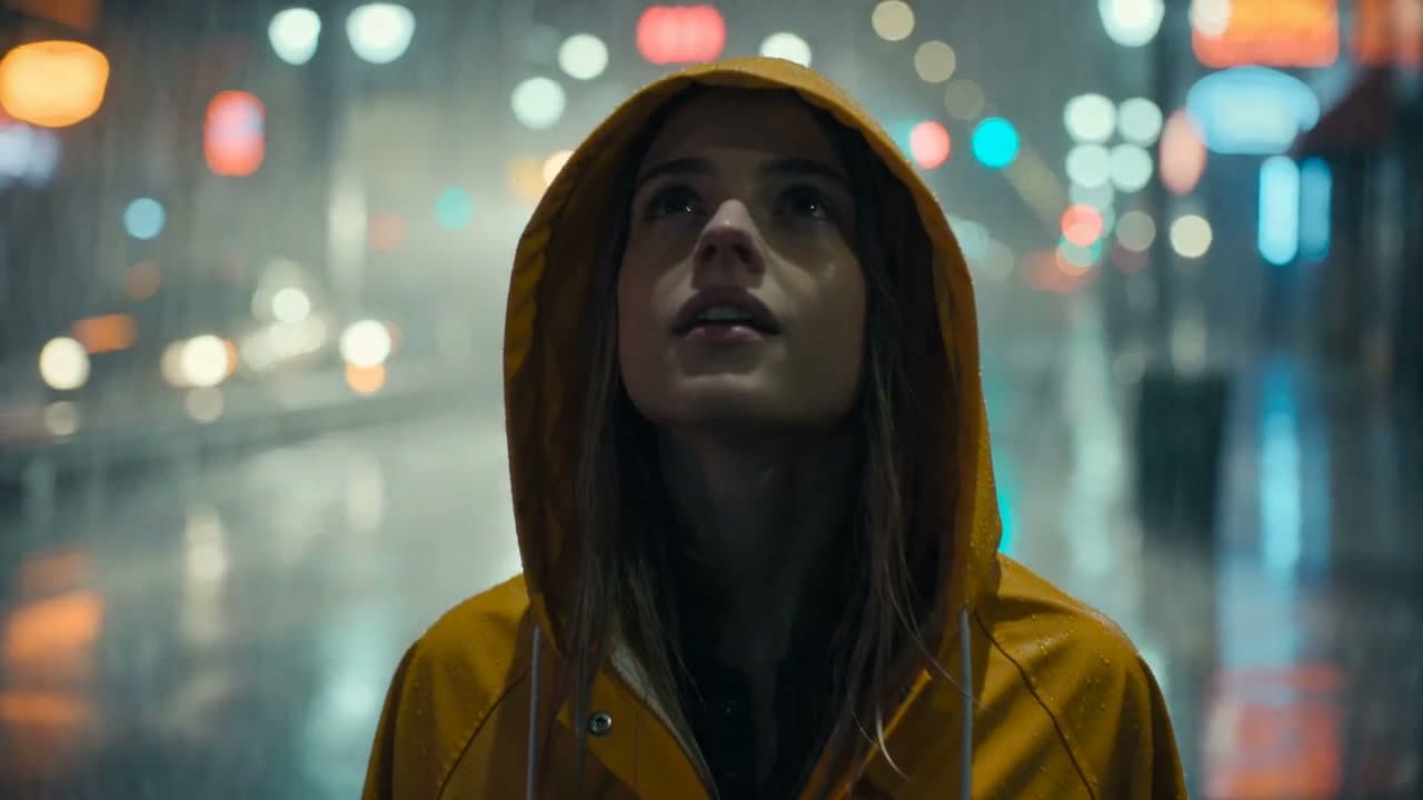 Close-up from the real Seedance 2.0 Fast test output showing a woman in a yellow raincoat on a neon street
