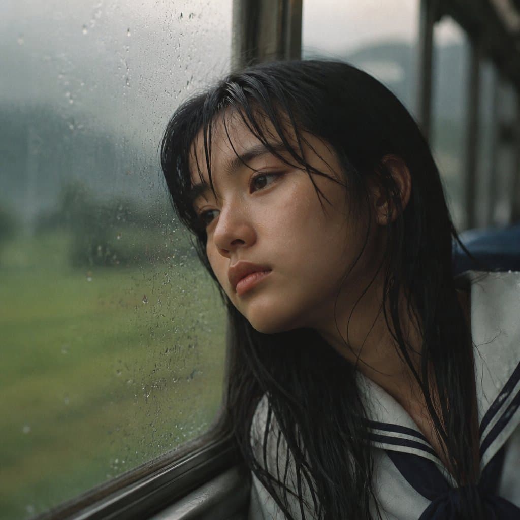 Rainy Train Schoolgirl Portrait
