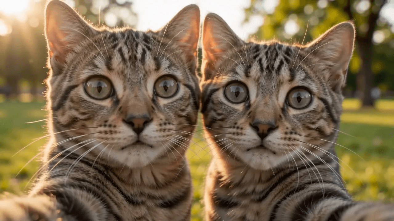 Run 1, 5 seconds at 720p on the fast tier, finished in 138 seconds: the couple selfie remade as two tabby cats - same park, same golden-hour light, same selfie framing