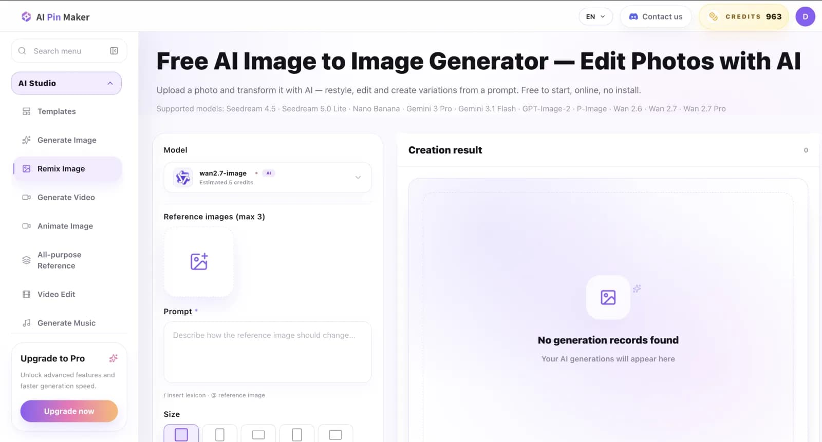 AI Pin Maker image to image generator workspace for AI photo editing and visual remix workflows