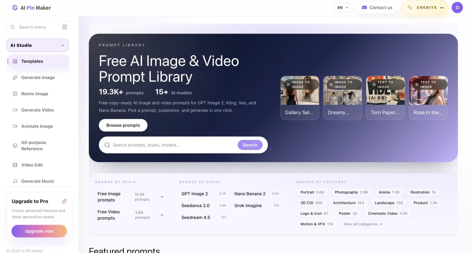 AI Pin Maker prompt library showing image and video prompt templates, model categories, and creative workflow navigation