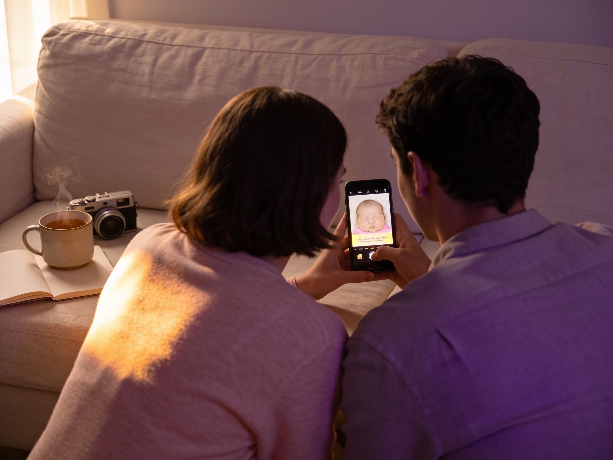A young couple seen from behind sitting on a sofa, leaning together to look at a phone showing a soft photorealistic AI baby portrait, warm window light, violet and amber tones