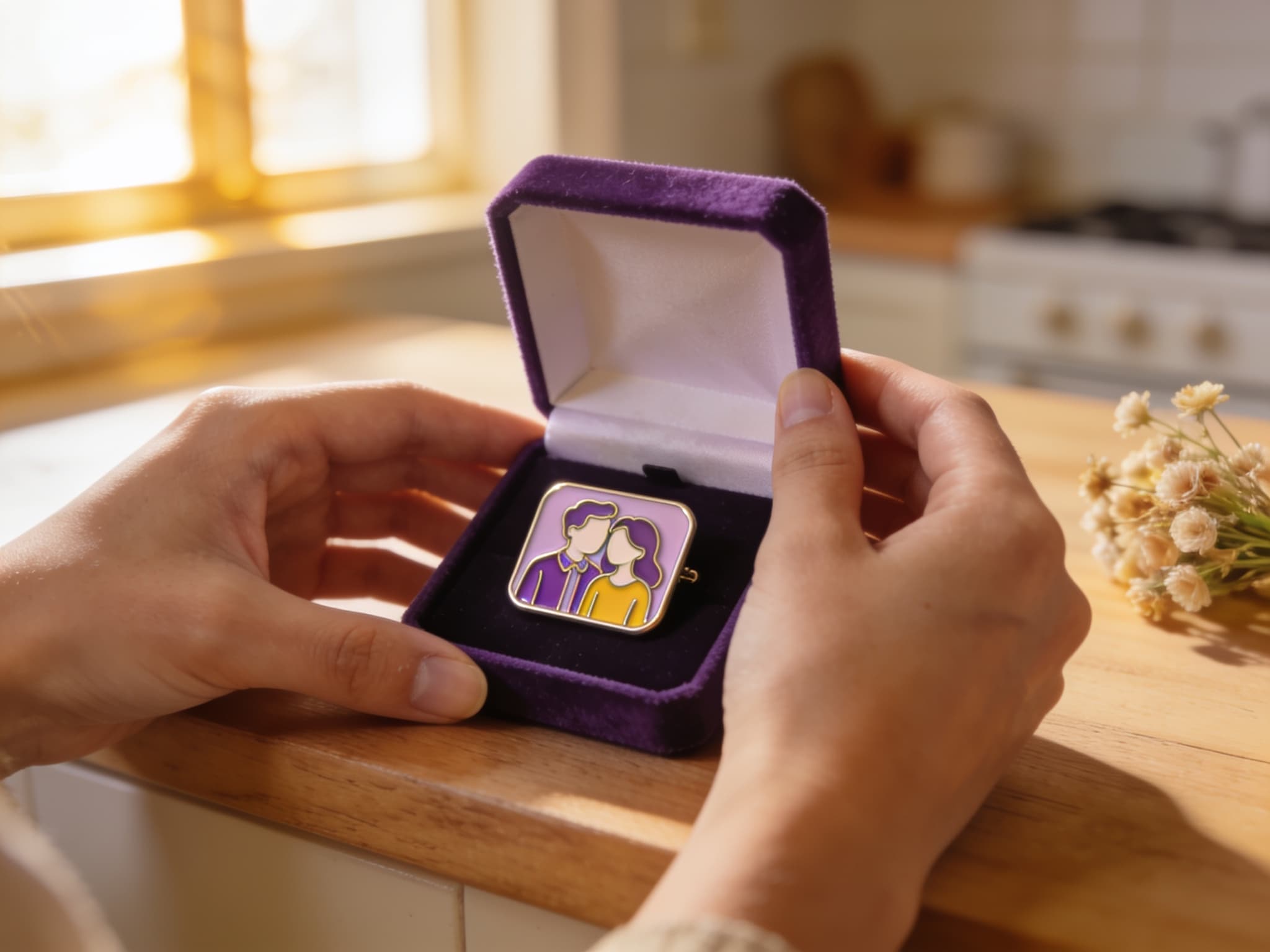 Hands opening a small velvet box on a kitchen counter to reveal a custom enamel couple pin in soft violet and amber tones, with a blurred bouquet in the background, in warm morning light.