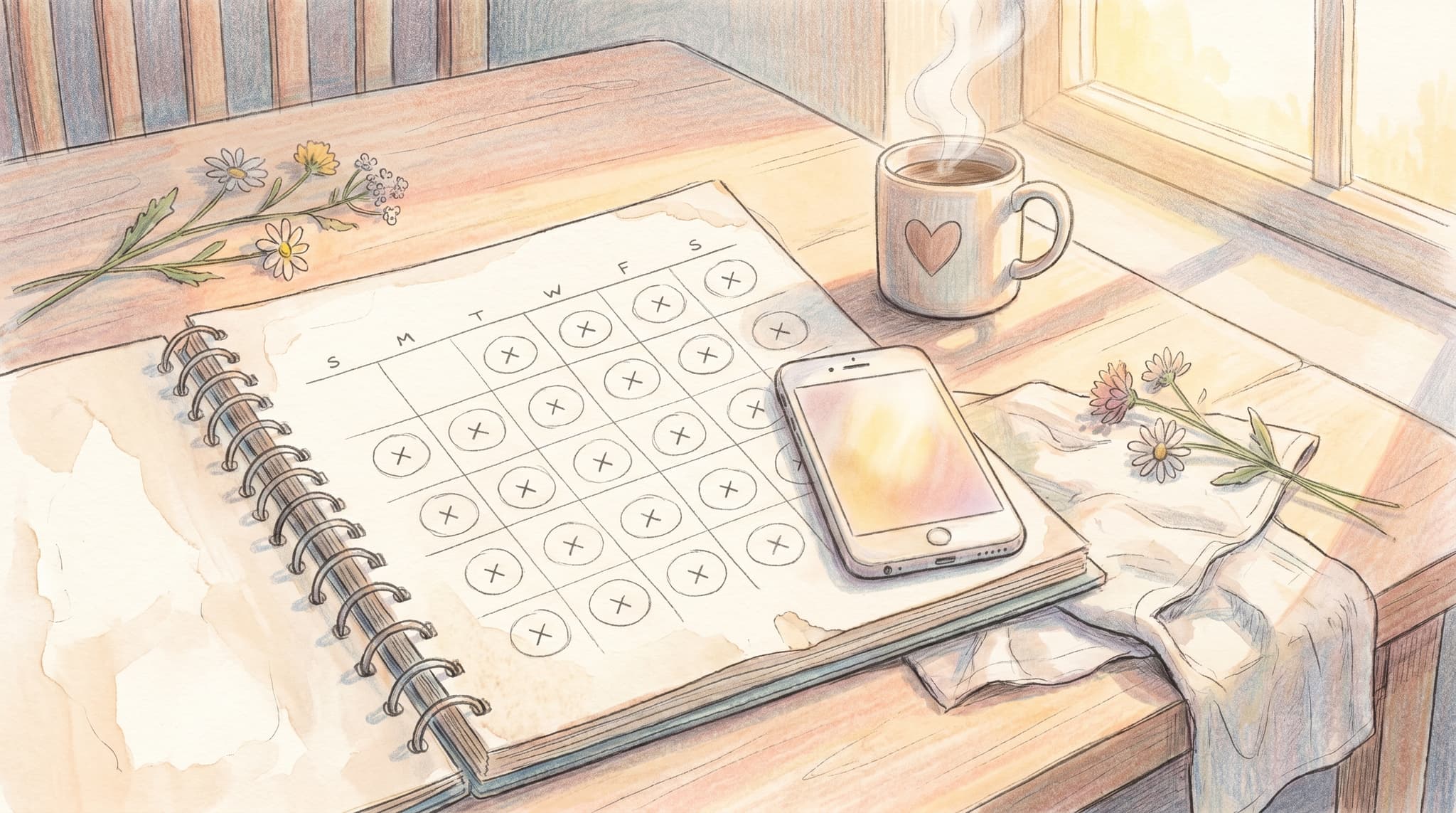 calendar with 30 days marked and a phone resting beside coffee in morning light