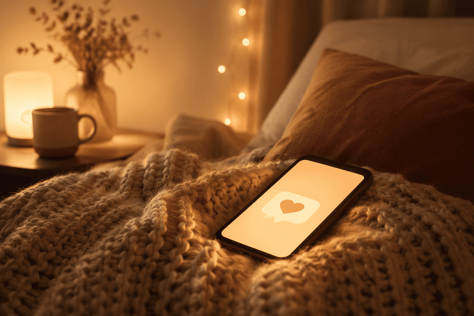 soft glowing phone on a knit blanket showing a heart conversation bubble