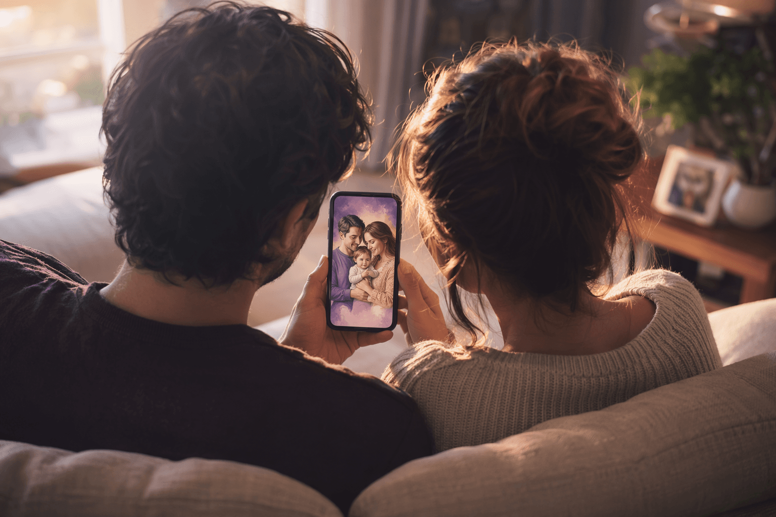 A young couple sitting close on a sunlit sofa, viewed from behind, looking together at a phone screen showing a soft pastel AI-generated future family portrait with a small child