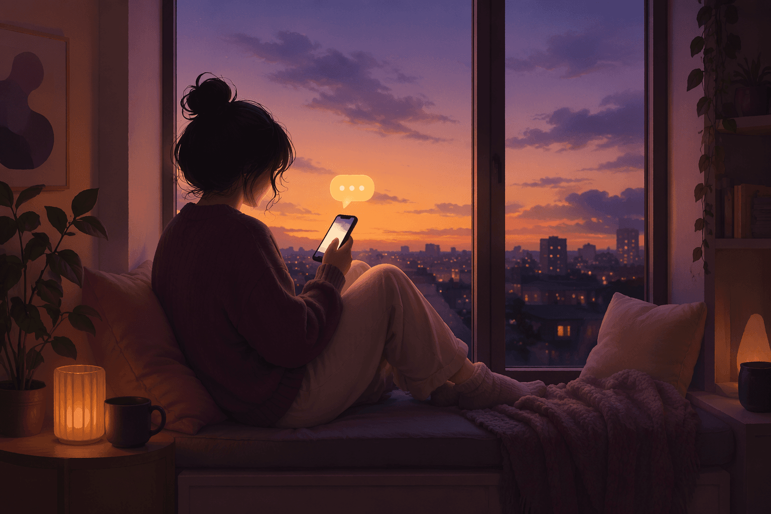 editorial illustration of a person on a window seat at dusk holding a phone with a warm glowing chat bubble