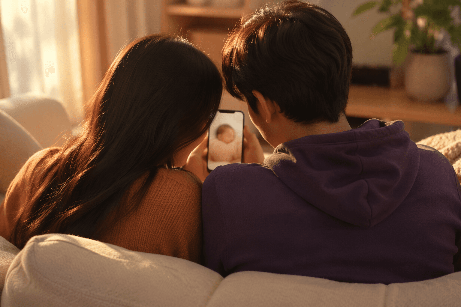 A young couple seen from behind sitting on a sofa, leaning together to look at a phone showing a soft pastel AI-generated baby photo, warm afternoon light