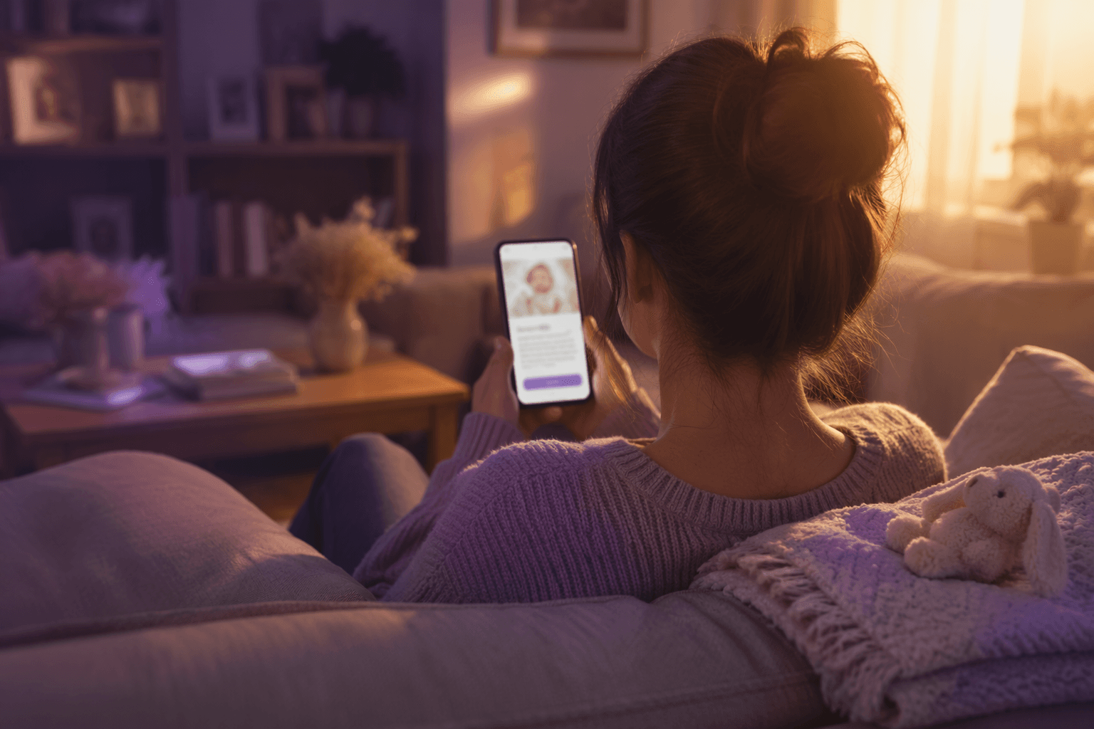 Over-the-shoulder view of a parent on a sofa reviewing a privacy consent screen on their phone before uploading a baby photo, with a folded blanket and plush toy beside them in warm afternoon light