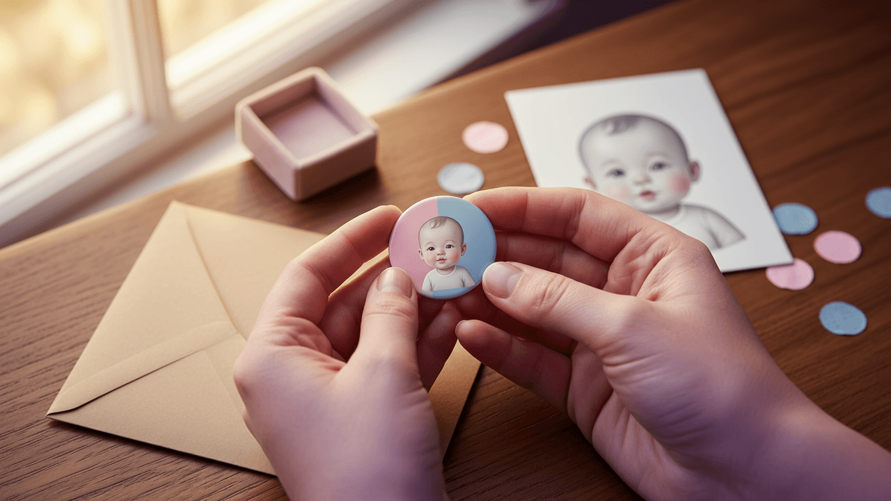 Hands holding a small pink-and-blue enamel pin with an AI baby portrait beside a reveal card on a warm wooden table