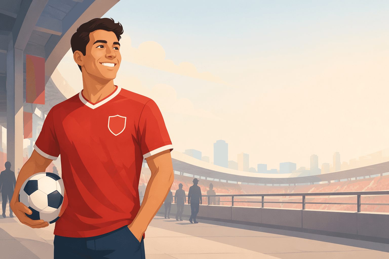 a fan in a generic red sports jersey holding a soccer ball in a stylized stadium concourse