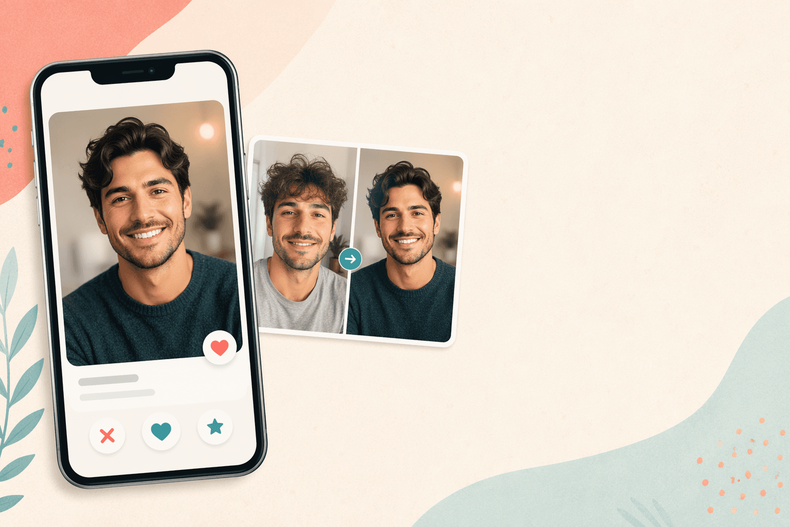 phone screen showing a dating profile with a before-and-after portrait comparison panel