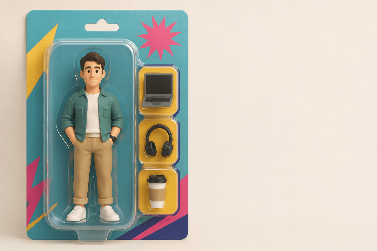 a customized collectible action figure of a generic adult character inside a clear plastic blister-pack toy box with retro cardboard backing and accessory icons