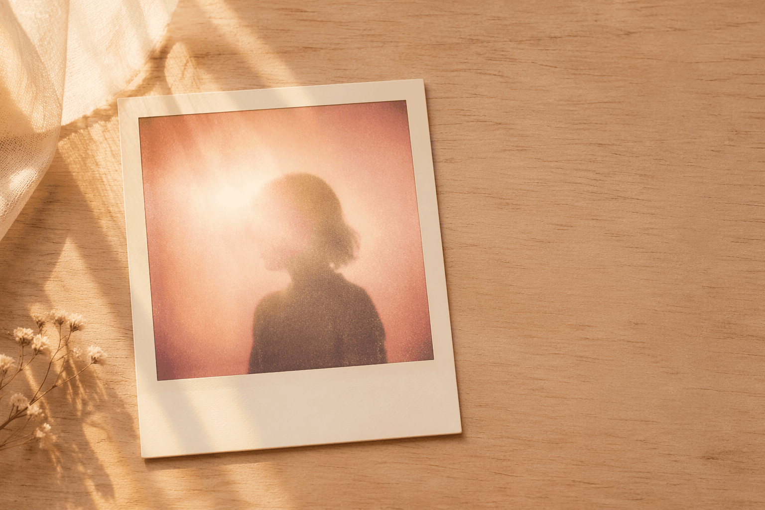 a vintage polaroid photo on a wooden desk with soft warm window light and a cream tinted border