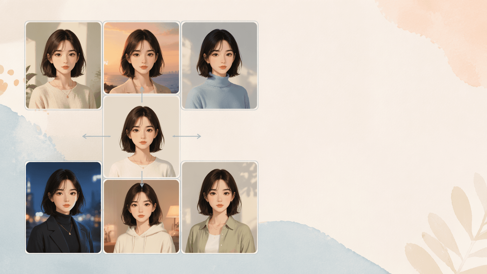 A 3x2 grid of six identical-face stylized portraits showing one fictional virtual creator persona across different outfits and lighting
