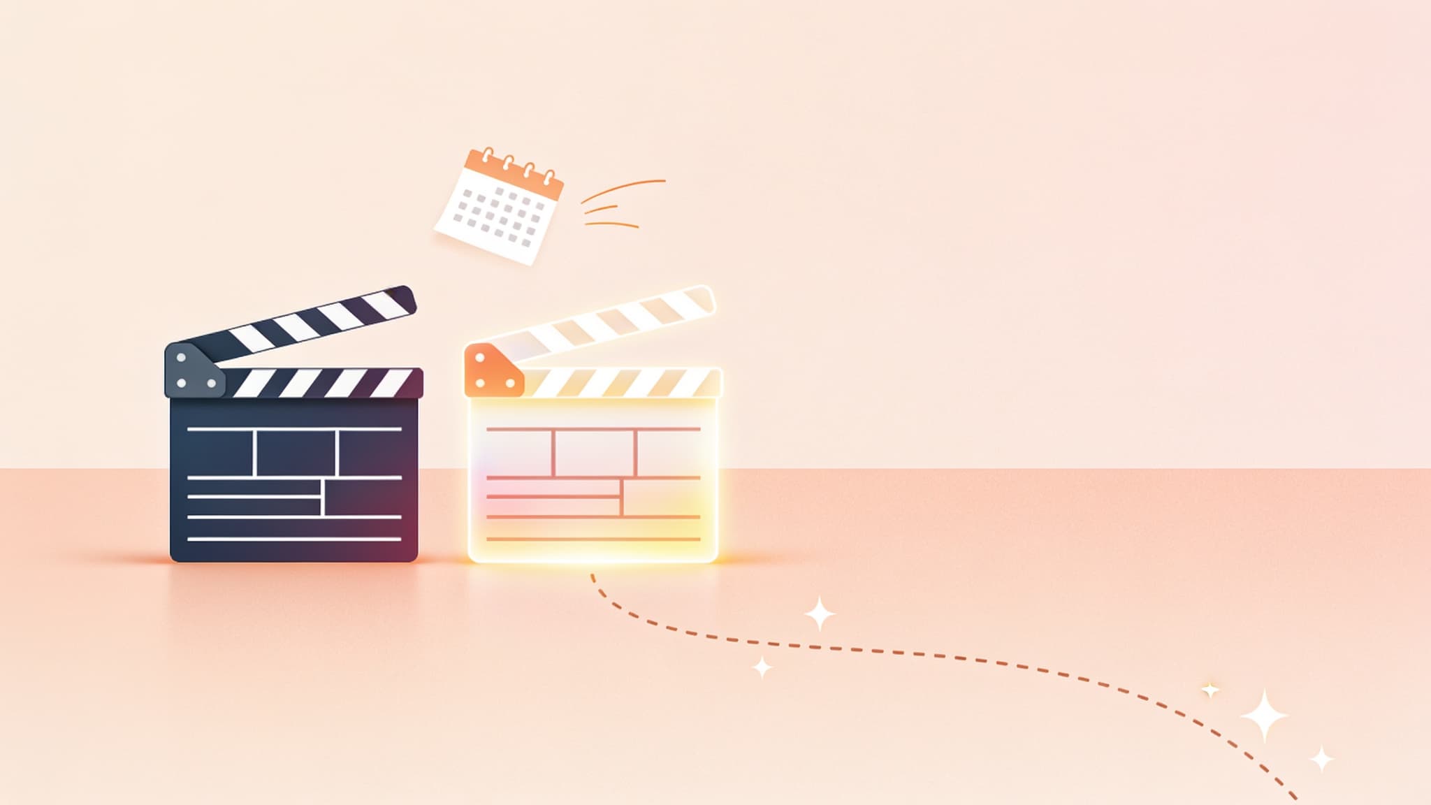 flat illustration of two clapperboards, one solid and one glowing arriving on a dotted path, representing seedance 2.5 coming soon alongside seedance 2.0