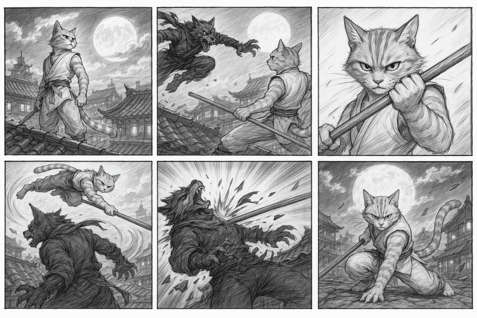 six-panel black-and-white pencil storyboard of a rooftop staff duel between the cat master and a wolf bandit, drawn as a three-by-two grid with no captions