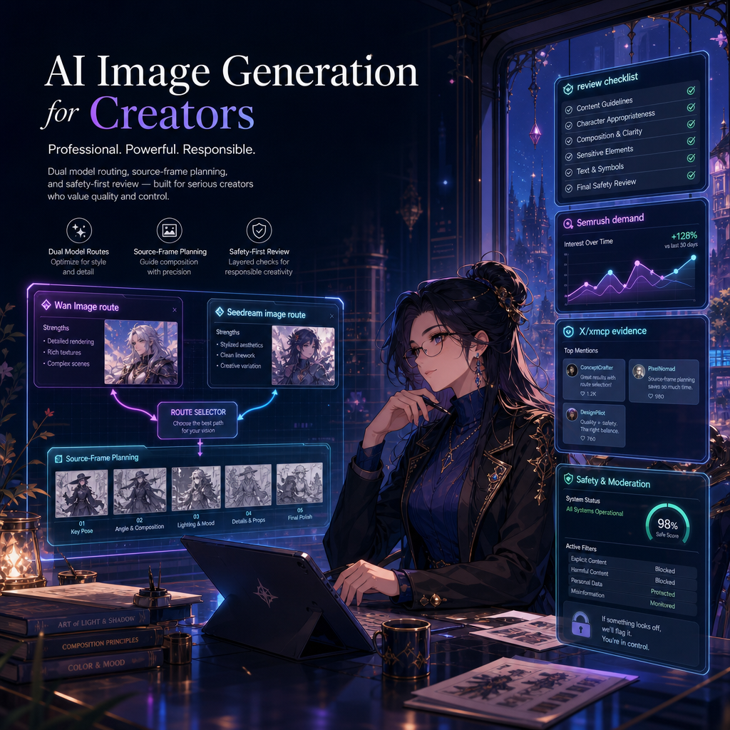 Fictional adult-only AI image generation studio with Wan route, Seedream route, review checklist, Semrush demand, and X xmcp evidence panels