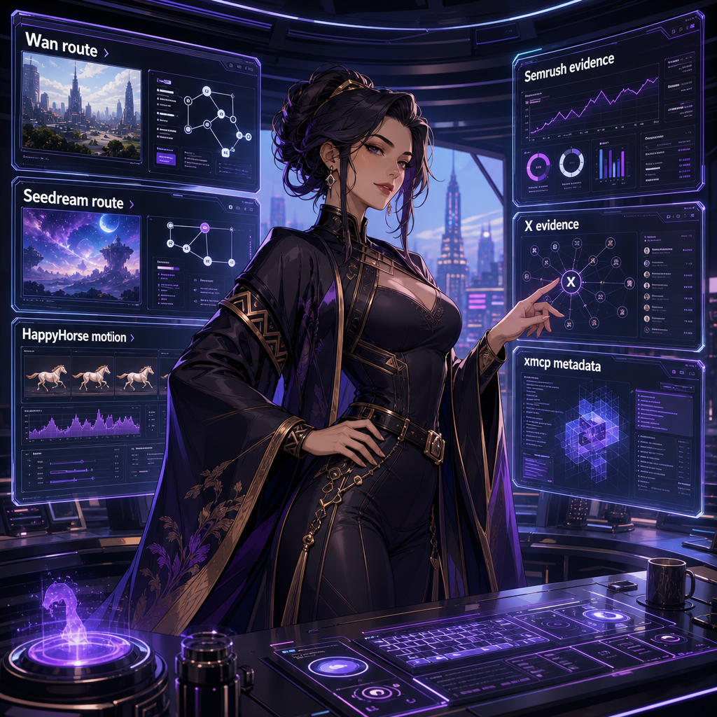 Clearly fictional anime style adult-only AI generator studio with Wan, Seedream, HappyHorse, Semrush, X, and xmcp evidence panels